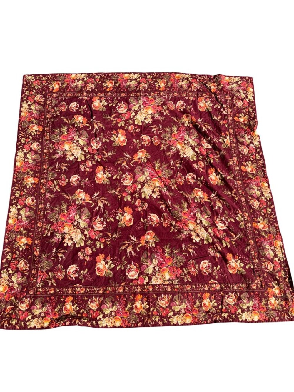 Vintage April Cornell Bountiful Harvest Tablecloth 53x53 Cotton Square Burgundy